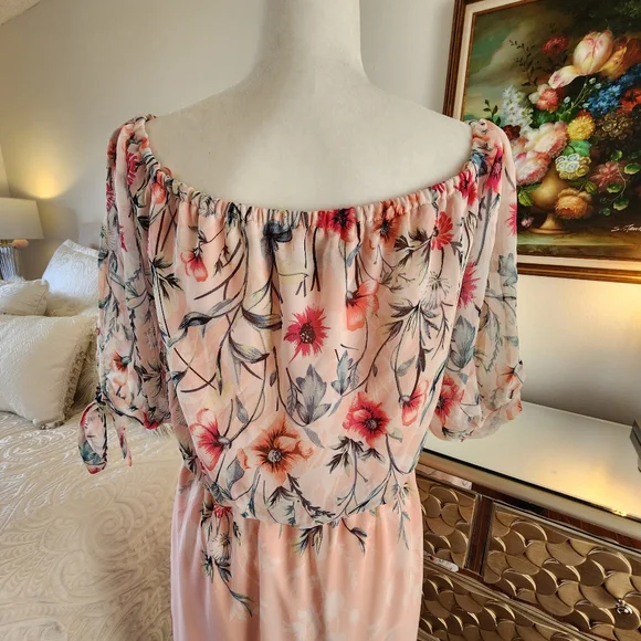 City Studio Empire Waist Sheer Floral Maxi Dress w Cold Shoulder Sleeves - Picture 2 of 8